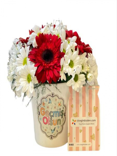 Seramikte Geçmiş Olsun Baskılı Çiçekler